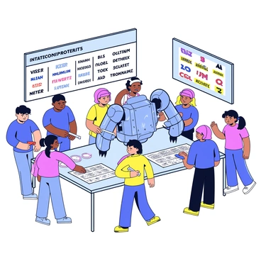 A diverse team of students is gathered around a large, intricate robot that they are assembling. The robot has multiple articulated limbs, shiny metallic parts, and various colorful components. Some students are seen using tools like wrenches and screwdrivers, while others are consulting a blueprint spread out on the table. The backdrop is filled with banners showcasing different team names and a large scoreboard indicating the competition's progress. Among the students, there are both male and female participants, each focused and engaged in their tasks.