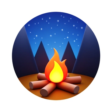 A cozy campfire with bright, dancing flames. The fire is surrounded by several stacked logs, creating a warm glow. Above, a starlit sky is filled with countless twinkling stars. The scene is set in a clearing, with silhouettes of trees gently framing the campfire. The vibrant colors of the flames contrast with the deep blues of the night sky.