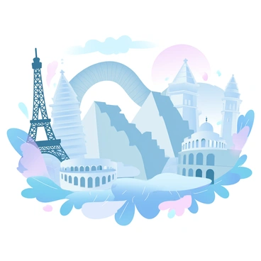 A collage of famous historical landmarks from around the world is arranged together in a harmonious composition. The "Eiffel Tower" rises prominently in one corner, its iron structure detailed against a softly blended pastel background. Next to it, the "Great Wall of China" snakes across the image, its ancient stones contrasting with the surrounding colors. The "Pyramids of Giza" stand majestically, their triangular shapes sharply defined against a gentle gradient. The "Taj Mahal" appears with its white marble dome glimmering, elegantly framed by lush garden elements. In the background, the "Colosseum" reflects its grand architecture, surrounded by hints of Italian culture. Each landmark is depicted in a way that celebrates its unique heritage while seamlessly integrating into the overall visual narrative.
