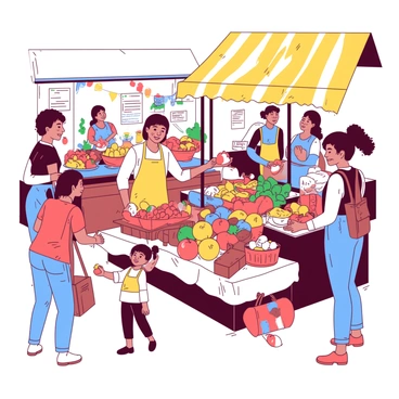 A group of diverse customers is exploring various stalls at a vibrant farmers' market. One stall displays an array of colorful fruits and vegetables, while another offers freshly baked goods neatly arranged in baskets. A cheerful vendor in a yellow apron is handing a sample of cheese to a customer. Nearby, a child reaches for a shiny red apple, with the sun casting warm light over the scene. Bright banners flutter above the stalls, and the atmosphere is filled with the chatter of people and the enticing aroma of fresh produce.