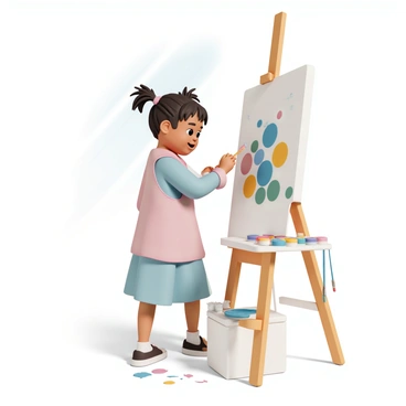 A young girl, wearing a light blue dress and a pink smock, stands in front of a wooden easel. She is focused on painting a vibrant picture with various colors splashed across the canvas. Her hair is tied up in two playful pigtails, and she has a look of concentration on her face. Next to her, a palette filled with an array of paint colors sits on a small table. Brushes of different sizes are scattered around, and a few paint splotches are visible on the floor beneath her. Sunlight streams in through a nearby window, illuminating the scene.