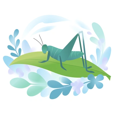 A grasshopper is perched on a vibrant green leaf, actively munching on it. The grasshopper has a long body with distinct segments and elongated hind legs. Surrounding the leaf are various shades of green foliage, showcasing a blend of plants and small flowers in the background. Sunlight filters through the leaves overhead, casting gentle shadows on the grasshopper and creating a serene atmosphere in this natural setting.