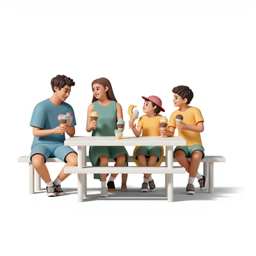 A diverse group of friends, consisting of three young adults and two children, sitting at a picnic table. Each person is holding a cone with a different variety of colorful ice cream scoops. One adult, wearing a blue t-shirt and denim shorts, has a cone with bright pink strawberry ice cream. Another adult, dressed in a green sundress, enjoys a cone with vibrant mint chocolate chip ice cream. A child wearing a red cap has a cone topped with yellow banana ice cream. The second child, in a yellow t-shirt, is holding a cone with rich brown chocolate ice cream. The scene conveys a sense of joy, as they all smile and laugh while enjoying their ice creams on a sunny day.
