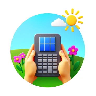 A solar-powered calculator with a sleek design, featuring a solar panel on top. The calculator is being held in hands outdoors, surrounded by vibrant green grass and blooming flowers. Sunlight is shining directly onto the solar panel, visibly charging the device. A clear blue sky is seen in the background, enhancing the outdoor setting.