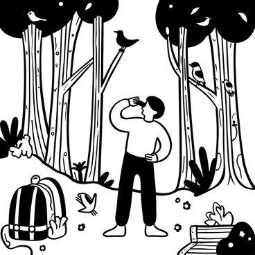 A vintage forest scene filled with tall trees with intricate bark patterns and dense foliage. A birdwatcher stands on a leaf-strewn path, holding a pair of binoculars to their eyes. Various colorful birds are perched on branches and flitting among the leaves. The ground is covered with fallen leaves and small plants. A backpack rests against a tree, and a notebook is open nearby, resting on a mossy rock.
