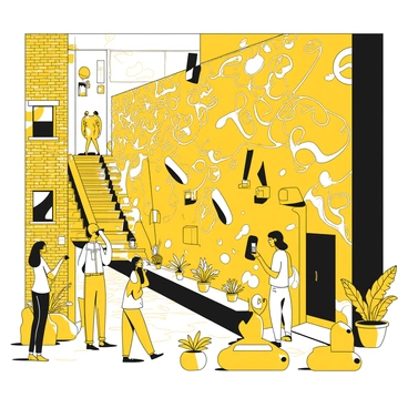 A large mural covering a wall in an urban alleyway, filled with intricate designs and patterns. The mural features various abstract shapes and figures, drawing the attention of passersby. People can be seen stopping to admire the artwork, taking photos, and engaging in conversation. The alleyway is narrow, with brick walls on both sides, and there are a few potted plants scattered around the base of the wall. The ground is paved with cobblestones, adding to the urban atmosphere.