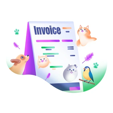 An invoice featuring the words "Invoice" prominently at the top in bold, black letters. The background is adorned with cute illustrations of various pets, including a playful dog with floppy ears, a fluffy cat with whiskers, and a cheerful bird perched on a branch. The pets are arranged around the invoice text, creating a lively and engaging composition. There are small paw prints and feathers scattered throughout the design, enhancing the playful theme.