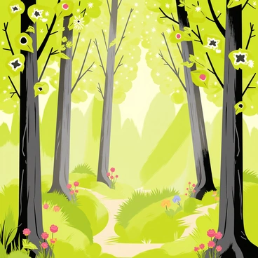 A dense forest filled with tall trees, each adorned with leaves shaped like various creative symbols, such as stars, hearts, and gears. Sunlight filters through the canopy, casting intricate shadows on the forest floor. The trunks of the trees are textured with detailed bark patterns, and small colorful flowers bloom among the greenery. There are winding paths visible, inviting exploration into the enchanting surroundings.