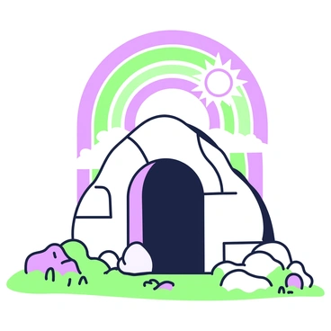 An empty tomb is situated prominently on the ground, featuring a large stone entrance that is slightly ajar, revealing the dark interior. The surrounding area is barren, with dry earth and a few scattered rocks. Above, a rainbow stretches vibrantly across the sky, with its colorful arc creating a striking contrast against the backdrop. The sun can be seen above the tomb, casting soft light on the scene and enhancing the vivid colors of the rainbow. The atmosphere is still, emphasizing the quietness of the empty tomb.