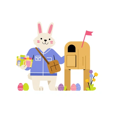 A cute bunny with fluffy white fur wearing a blue postman uniform is delivering Easter cards. The bunny has a small brown satchel slung across its shoulder, filled with colorful cards. A few vibrant Easter eggs, decorated with patterns, are scattered around the bunny's feet. The bunny stands next to a wooden mailbox that has a red flag raised, signaling outgoing mail. Bright flowers are blooming in the background, adding a cheerful touch to the scene.