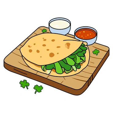 A vibrant vegetable paratha filled with greens, displayed on a rustic wooden board.