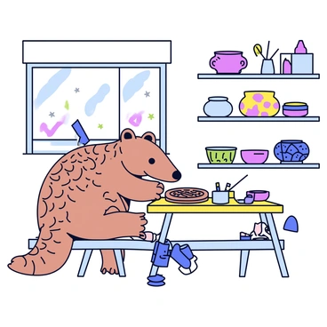 A pangolin with textured scales is sitting at a small wooden table in a workshop. The pangolin is focused on crafting intricate patterns into a piece of clay pottery using its clawed hands. Surrounding the pangolin are various tools and pots, some half-finished and others displaying unique designs. The workshop features shelves filled with colorful glazes and ceramic pieces. Soft light filters through a window, illuminating the workspace.