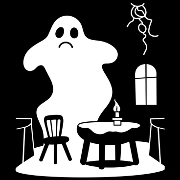 A cartoon ghost with a transparent appearance, having a droopy shape and a sad expression, is floating in a darkened room. The ghost's body has soft, rounded edges and is slightly translucent. Shadows are cast on the walls, enhancing the gloominess of the room. There is an old wooden chair in one corner, and a dust-covered table with a single candle flickering on it, casting elongated shadows. In the background, there are cobwebs hanging from the corners of the ceiling, completing the eerie atmosphere.