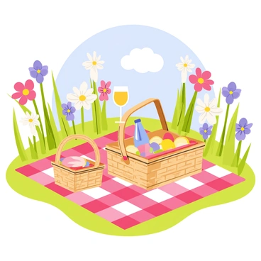 A picnic setup featuring a red and white checkered blanket laid out on the grass. On the blanket, there are two wicker baskets filled with an assortment of fruits, sandwiches, and a bottle of sparkling water. Surrounding the picnic area are tall, colorful gladiolus flowers in shades of pink, purple, and white, creating a vibrant border. In the background, a clear blue sky is visible, and a few fluffy white clouds float gently above. A pair of elegant wine glasses with a hint of sparkling liquid reflects the sunlight, adding a touch of romance to the scene.