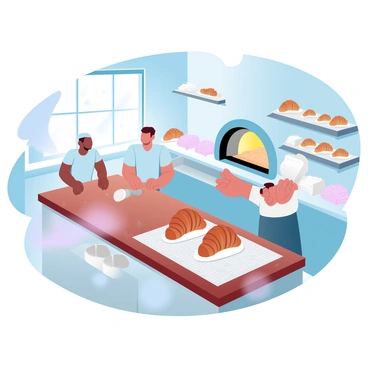 An inside view of a bustling croissant bakery filled with activity. Several bakers are at work, one is rolling out dough on a large wooden table, while another is placing freshly baked croissants on a cooling rack. The warm oven glows in the background, with trays of golden croissants visible inside. Flour dust covers the surfaces, and bags of flour are stacked against the wall. A large window allows soft natural light to pour in, illuminating the space filled with the aroma of freshly baked goods. Shelves lined with pastries and bread add to the inviting atmosphere.