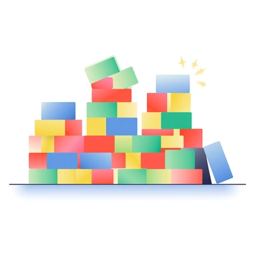 A collection of toy blocks is stacked in various piles, each displaying a different color. The blocks are arranged in neat towers, with some piles featuring red, blue, yellow, and green blocks. Each stack illustrates equivalent ratios, with the heights of the towers reflecting the proportions of each color. Some blocks are slightly tilted, adding a dynamic aspect to the arrangement. The background is a soft gradient, enhancing the visual appeal of the colorful blocks.