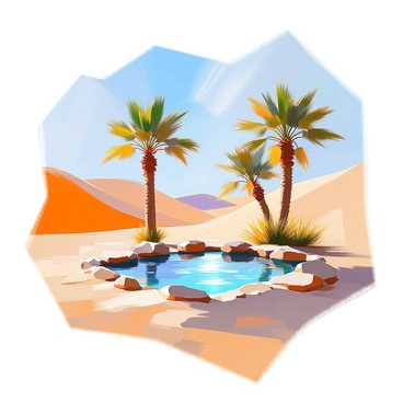 An oasis in a desert features a small, shimmering pool of water at its center, reflecting the bright sunlight above. The pool is surrounded by stark, dry sand that stretches out in all directions, creating a stark contrast with the glimmering water. Sparse tufts of green grass and a few resilient palm trees with fronds gently swaying in the warm breeze frame the oasis. In the distance, rolling dunes of golden sand rise up against a clear blue sky, emphasizing the isolation and beauty of this small, life-giving refuge.