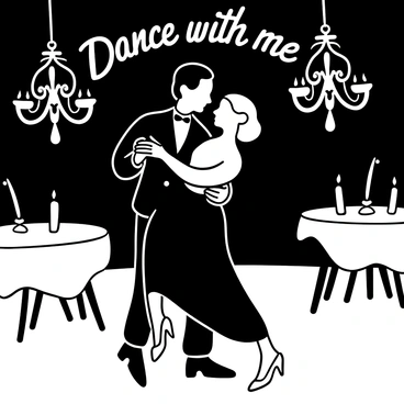A couple dressed in 1940s formal attire, with the man in a tailored suit and the woman in a flowing dress, is dancing closely together in a dimly lit ballroom. Their bodies are in motion, capturing a romantic sway as they glide across a polished wooden floor. Elegant chandeliers hang from the ceiling, casting soft shadows around them. Tables adorned with white tablecloths and flickering candles are set around the perimeter of the room. "Dance with me" is written in a decorative font above the couple, enhancing the intimate atmosphere.