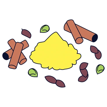 An arrangement featuring a mound of vibrant yellow turmeric powder. Surrounding the turmeric are several brown cinnamon sticks, arranged in a fan shape. Scattered around are whole cloves, their dark brown color contrasting with the turmeric. Additionally, there are green cardamom pods, some upright while others rest on the surface, adding texture to the composition. The background is a simple, light color to emphasize the spices.
