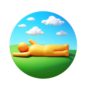 A 3D human figure with realistic proportions, lying on a grassy field. The figure has a relaxed posture, with arms spread out beside the body. The grass is a vibrant green, detailed with various shades and textures. Above, there are fluffy clouds in a bright blue sky, some clouds shaped like animals or objects. The sunlight casts soft shadows on the figure and the grass, creating a lively atmosphere.
