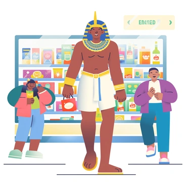An ancient Egyptian god with a regal appearance is casually shopping in a modern-day convenience store. He has a tall and slender figure, adorned with traditional Egyptian attire featuring intricate gold jewelry and a headdress. His skin is a deep shade of bronze. In his hand, he is holding a bright red energy drink, while his other hand is picking up a bag of chips from a shelf. The store is filled with colorful packaging and brightly lit shelves stocked with various snacks and beverages. A small group of surprised shoppers in contemporary clothing are glancing at him, and a cash register with a digital display is visible in the background.