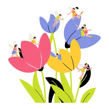 A magical garden filled with oversized, vibrant flowers in various colors, including red, blue, and yellow. The flowers have intricate petal details and lush green leaves surrounding them. Tiny fairies with delicate wings are playing joyfully on the petals, each one adorned in colorful outfits. Some fairies are dancing while others are engaged in playful activities, such as chasing each other or resting on the petals. The atmosphere is lively and enchanting, showcasing the fairies' whimsical interactions with the giant flowers.