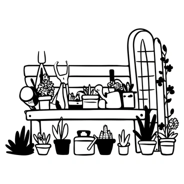 A wooden bench situated in a potager, displaying a collection of gardening tools. The tools include a trowel, a hand rake, and pruning shears, all resting neatly on the bench. Nearby, there are various pots filled with herbs and vegetables, showcasing the abundance of a well-tended garden. The bench is surrounded by vibrant foliage, with some plants climbing up nearby trellises. A watering can sits beside the tools, ready for use.