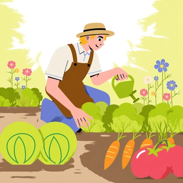 Samwise Gamgee is kneeling in a lush garden, surrounded by an abundance of colorful vegetables, including bright green cabbages, plump red tomatoes, and orange carrots peeking out of the soil. He is wearing a brown gardening apron and a straw hat. Delicate blooming flowers in various shades of pink, yellow, and blue create a vibrant backdrop. In one hand, Samwise holds a small gardening trowel, while the other hand gently waters the plants with a green watering can. Sunlight streams down, casting a warm glow over the scene, accentuating the lively colors of the garden.