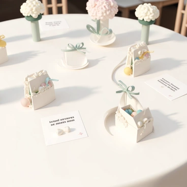 Tables are adorned with elegantly arranged personalized wedding favors. Each favor is uniquely designed, featuring a small decorative box containing treats or mementos, tied with a delicate ribbon. Alongside the favors, there are neatly placed thank you notes from the couple, each card displaying their names and a heartfelt message. The tables are set with a soft, elegant tablecloth, and there are floral centerpieces that complement the wedding theme. The overall setting is warm and inviting, emphasizing the love and gratitude from the couple to their guests.