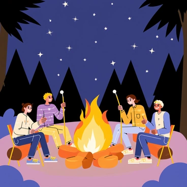 A warm campfire with glowing orange flames is burning brightly in the center of a wooded area. Surrounding the campfire are five friends sitting on logs and folding chairs, each holding a long stick with a marshmallow roasting over the fire. The friends have cheerful expressions, enjoying the moment together. Above them, a dark blue sky is filled with twinkling white stars, creating a beautiful backdrop for the scene. Some trees are silhouetted against the sky, adding to the tranquil atmosphere of the gathering.