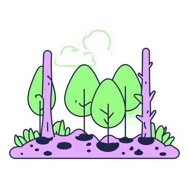 A landscape features new trees growing in a previously barren area. In the center, a group of young saplings with green leaves is pushing through the soil. The ground around them is marked with remnants of past forest fires, visible as charred patches and ash. In the background, a few larger trees stand, their trunks showing signs of burn marks. Scattered rocks and small plants populate the foreground, while the sky above is clear, allowing sunlight to illuminate the scene.