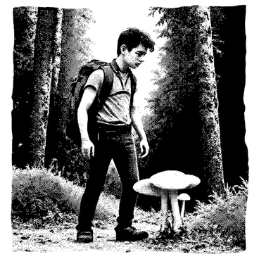 A young explorer with a backpack is standing in a vintage forest. He has tousled hair and is wearing a rugged outfit suitable for exploration. Surrounding him are tall, ancient trees with gnarled branches. Sunlight filters through the dense canopy, casting dappled shadows on the forest floor. The explorer is looking curiously at a cluster of unusual mushrooms growing at the base of a tree. There are patches of ferns and moss covering the ground, adding texture to the scene. Various small woodland creatures can be seen in the background, peeking out from behind the foliage.