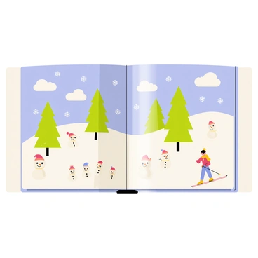 A carnet filled with illustrations of a snowy landscape with skiers and snowmen