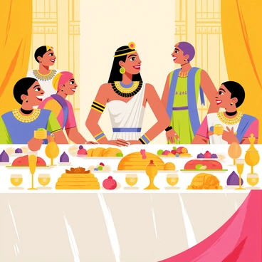 Cleopatra is seated at a long, ornate table draped in rich fabrics. She wears an elaborate golden headdress adorned with colorful gemstones. The table is laden with an array of exotic foods, including golden roasted meats, vibrant fruits, and intricate pastries. Goblets filled with sparkling drinks are placed around her. Surrounding Cleopatra are elegantly dressed attendants, all engaged in conversation and laughter, adding to the festive atmosphere of the grand feast.