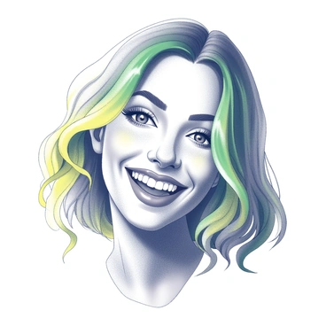 A close-up portrait of a person with striking, multi-colored hair that cascades in waves down their shoulders. The hair includes shades of green, yellow, and other vibrant tones that create a dynamic effect. The person's face is highly expressive, showcasing a wide smile with sparkling eyes that convey joy and energy. Their skin has a smooth texture, and they are wearing minimal makeup that enhances their natural features. The background is softly blurred, focusing attention on the person's lively expression and unique hairstyle.