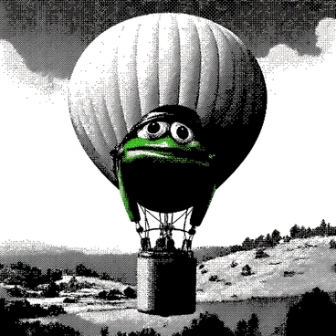 A green frog with large bulging eyes is seated in the pilot's basket of a vintage hot air balloon. The hot air balloon has a classic round shape, with a patterned fabric envelope above it and colorful ropes attached to the basket. Below, a picturesque countryside spreads out, featuring rolling hills, scattered trees, and winding dirt paths. In the distance, a cluster of quaint farmhouses can be seen, surrounded by fields. The sky is vast above, dotted with fluffy white clouds. The frog is wearing a tiny aviator cap and goggles, giving it a playful appearance as it holds onto the controls of the balloon.