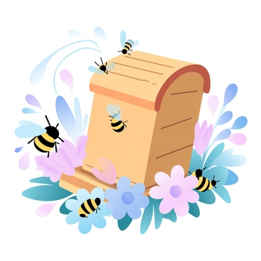 A beehive is nestled among vibrant wildflowers. The beehive is constructed of wooden panels with a natural finish, adorned with a few bees buzzing around it. Each bee is a different color—some are a bright yellow, others are a deep blue, and a few are a rich orange. The flowers around the beehive show a variety of colors, creating a lively scene. The bees are in various positions; some are hovering, while others are landing on the flowers to collect pollen. The atmosphere is busy with the activity of the bees as they interact with the blooming flowers.