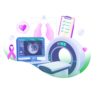 A modern pastel illustration featuring a blue ultrasound machine and a gray MRI scanner. Each device has clear buttons and screens displaying relevant information. Surrounding the machines are icons of a pink ribbon symbolizing breast health, a clipboard with a checklist, and a heart. The background includes subtle outlines of a breast anatomy diagram, providing context to the tools.