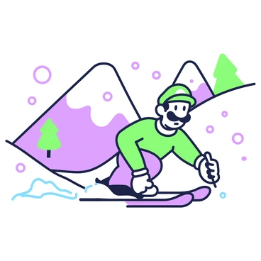 Luigi, a character with a green hat and mustache, is skiing down a snowy mountain. He is positioned in a dynamic stance, leaning forward as he carves through the snow. Snowflakes are swirling around him, creating a sense of movement and winter activity. The mountain slopes downward steeply in the background, with patches of snow and shadows indicating the terrain's contours. In the distance, a few evergreen trees are visible, dusted with snow, enhancing the winter scenery.