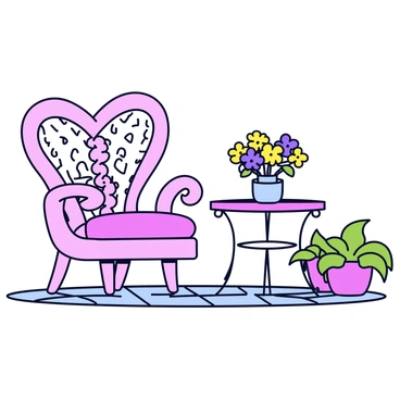A love chair with a heart-shaped design, painted in a soft pastel pink color. The chair has an intricate lattice pattern on the backrest and curved armrests. Nearby, there is a small bistro table with a round top, also in pastel pink, with delicate wrought iron legs. On the table, there is a single vase filled with colorful flowers, including yellow daisies and purple pansies. The patio is lined with cobblestone, and there are potted plants with vibrant green leaves surrounding the area.