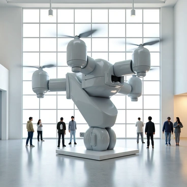 A large drone sculpture made of polished metal and carbon fiber, featuring sleek lines and a futuristic design. The drone has four arms with propellers extending outward, showcasing intricate detailing on the body and rotors. It is positioned on a minimalist pedestal, surrounded by soft white lighting that highlights its contours. The background features clean, modern walls of the museum with large windows allowing natural light to filter in, creating a spacious and open atmosphere. Visitors can be seen admiring the sculpture, adding a sense of scale to the scene.