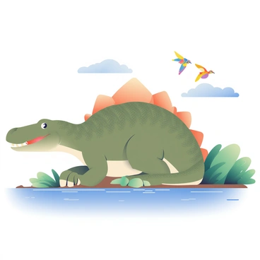 A large spinosaurus with a long, crocodile-like snout is resting on the banks of a river. Its body is covered in textured scales with shades of green and brown, blending into the surrounding vegetation. The spinosaurus has a prominent sail-like structure on its back with spikes running along the spine. In the sky above, several small birds with colorful plumage are flying in a loose formation. The river has a gentle current, reflecting the blue sky and surrounding foliage. The banks are lined with lush greenery, including ferns and tall grasses, creating a natural habitat for the dinosaur.