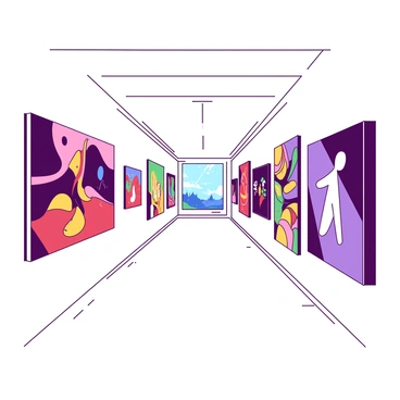 A long walkway is featuring walls adorned with various vibrant art pieces. Each artwork showcases bold colors and unique designs, creating a visual feast for the eyes. The floor is polished and reflects the surrounding art, enhancing the contemporary atmosphere of the gallery space. Soft lighting illuminates the art, highlighting the intricate details and textures of each piece. At the far end of the walkway, there is a large window allowing natural light to flood into the space, providing a view of the outside landscape.