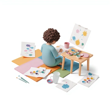 A young child, around six years old, is sitting on a colorful mat, focused on painting with watercolors. The child has curly brown hair and is wearing a light blue shirt with paint splatters on it. In front of them is a small wooden table, covered with various watercolor paints and brushes. Surrounding the child are several pieces of paper displaying their progressing artworks, showcasing bright colors and imaginative shapes. The space is filled with a few paintbrushes lying on the mat and a cup of water for rinsing the brushes. The atmosphere is lively with the vibrant hues of the paintings spread around.