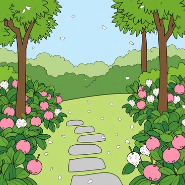 A vibrant garden filled with lush green foliage and colorful flowers. Lychee blossoms with pink and white petals are scattered throughout the scene, appearing to fall gently from the sky like rain. The ground is covered with a soft layer of fallen petals, creating a delicate carpet. In the background, there are several tall trees with leafy canopies, providing a sense of depth to the garden. A small, winding path made of stones cuts through the garden, inviting viewers to explore the beautiful setting.