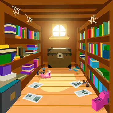 An old attic filled with dusty books stacked haphazardly on wooden shelves. Sunlight streams through a small, round window, casting warm rays on the floor. Vintage toys, such as a wooden train and a porcelain doll, lie scattered amidst the clutter. A weathered trunk sits in one corner, partially open to reveal faded photographs and old letters. Cobwebs hang in the corners, adding to the nostalgic atmosphere of memories from the past. The ceiling has exposed beams, and the wooden floor creaks underfoot, enhancing the sense of age in the space.