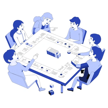 A group of students is seated around a large board game on a table. The game board is designed with various spaces representing different scenarios related to consent and boundaries. Each player has a token, which they are moving along the board. 

In the center of the table, there is a stack of cards that players draw from, each featuring a scenario to discuss. The students are visibly engaged in conversation, with some pointing at the game board and others discussing a card they just drew. 

The expressions on their faces reflect concentration and interest as they listen to each other’s viewpoints. There are game pieces scattered around the board, including counters and dice. The atmosphere around the table is dynamic, with students actively participating in this educational experience.