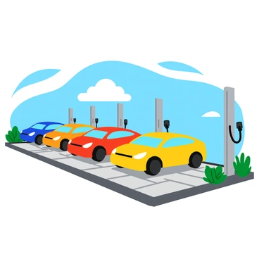 A fleet of colorful electric vehicles lined up in a neat row at a modern charging station. Each vehicle has a unique, vibrant color, including bright blue, sunny yellow, and vivid red. The charging station features multiple charging points with cables connected to each vehicle. A clear sky above reveals fluffy white clouds, and the ground is paved with sleek gray tiles, enhancing the scene. Small green plants are placed around the station, adding a touch of nature to the urban environment.