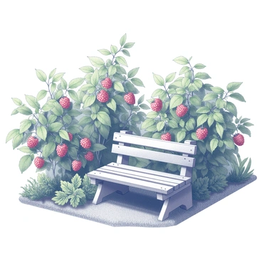 A peaceful garden with raspberry bushes and a tiny wooden bench