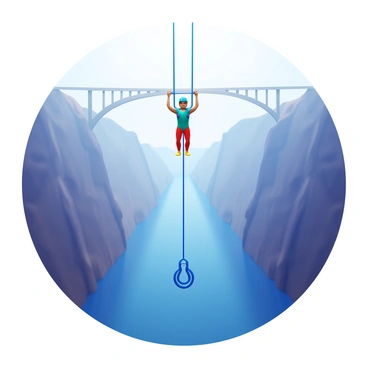 An aerial view of a bungee jumper falling from a great height, emphasizing the drop.
